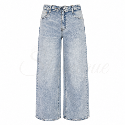 Folded Waist Straight-leg Jeans – Blue