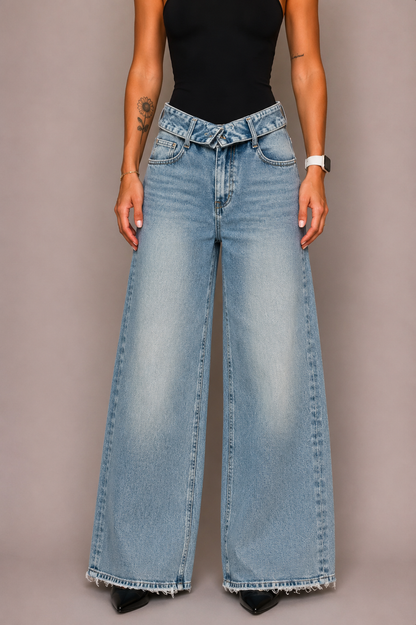Folded Waist Straight-leg Jeans – Blue